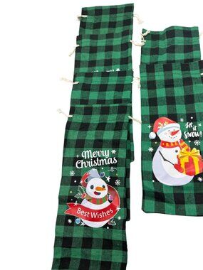 Set Of 6 Christmas Drawstring Wine Gift Bags Green Buffalo Plaid Snowman READ